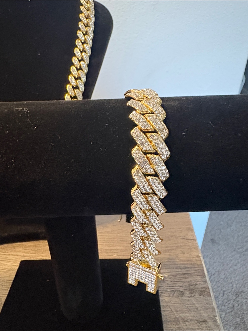 Gold Tone Rhinestone Cuban Link Necklace & Bracelet Set - Picture 3 of 5